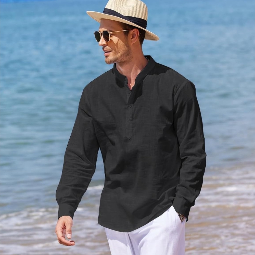 Coofandy NWT Men's Cotton Hemp Black Relaxed Henley Shirt Long Sleeves, size XL